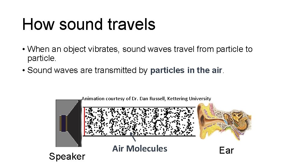 How sound travels • When an object vibrates, sound waves travel from particle to