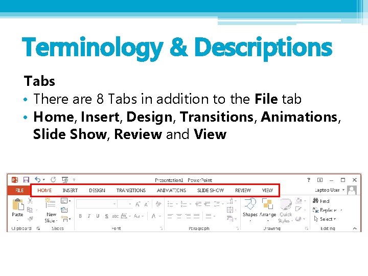 Terminology & Descriptions Tabs • There are 8 Tabs in addition to the File