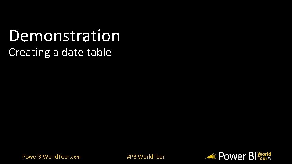 Demonstration Creating a date table Power. BIWorld. Tour. com #PBIWorld. Tour Demonstration Creating a date table Power. BIWorld. Tour. com #PBIWorld. Tour