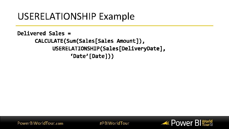 USERELATIONSHIP Example Power. BIWorld. Tour. com #PBIWorld. Tour USERELATIONSHIP Example Power. BIWorld. Tour. com #PBIWorld. Tour