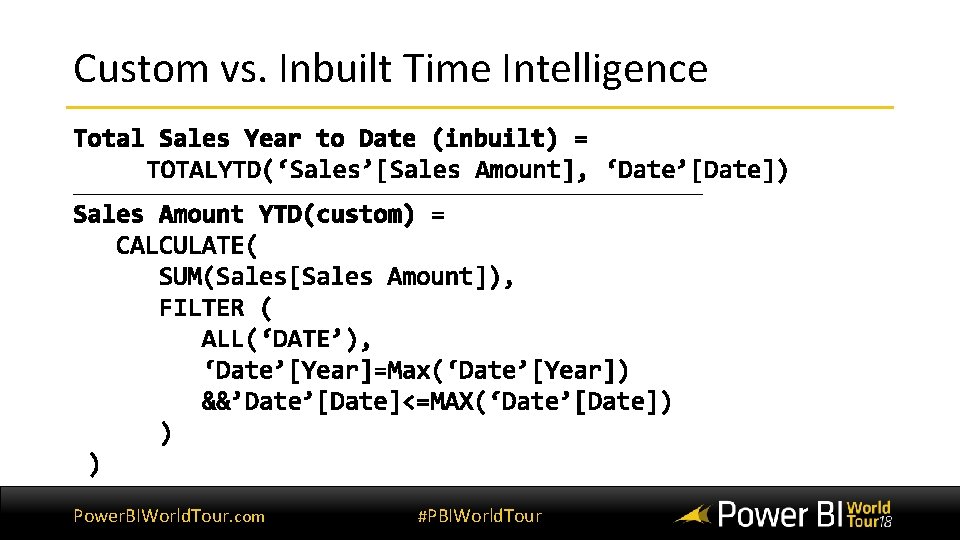 Custom vs. Inbuilt Time Intelligence Power. BIWorld. Tour. com #PBIWorld. Tour Custom vs. Inbuilt Time Intelligence Power. BIWorld. Tour. com #PBIWorld. Tour