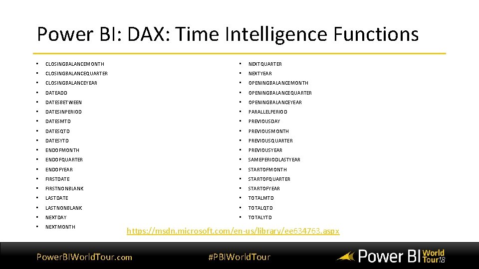 Power BI: DAX: Time Intelligence Functions • CLOSINGBALANCEMONTH • NEXTQUARTER • CLOSINGBALANCEQUARTER • NEXTYEAR Power BI: DAX: Time Intelligence Functions • CLOSINGBALANCEMONTH • NEXTQUARTER • CLOSINGBALANCEQUARTER • NEXTYEAR