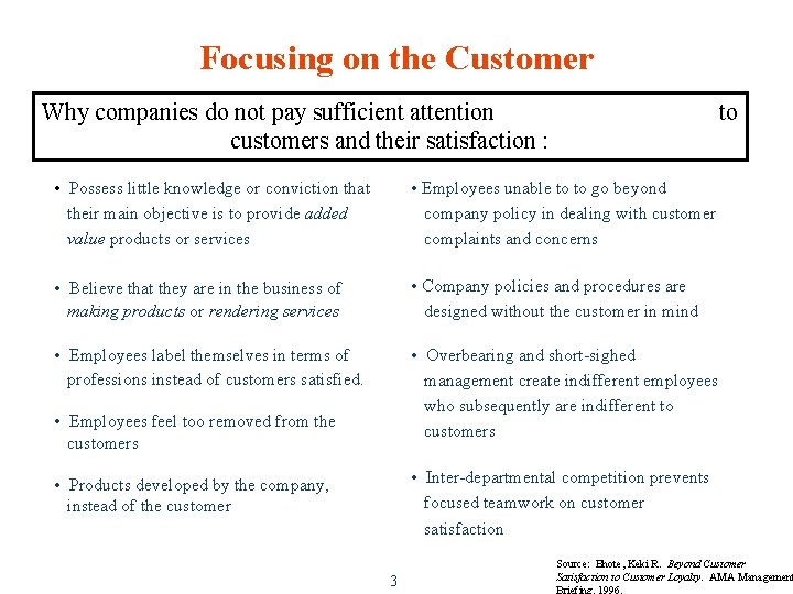 Focusing on the Customer Why companies do not pay sufficient attention customers and their