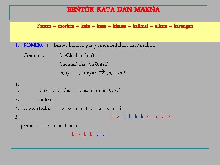 BENTUK KATA DAN MAKNA Fonem – morfem – kata – frasa – klausa –