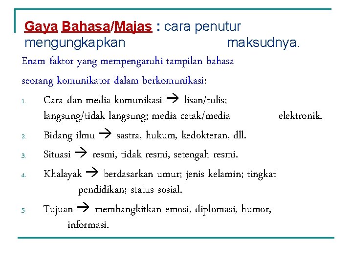 Gaya Bahasa/Majas : cara penutur mengungkapkan maksudnya. Enam faktor yang mempengaruhi tampilan bahasa seorang