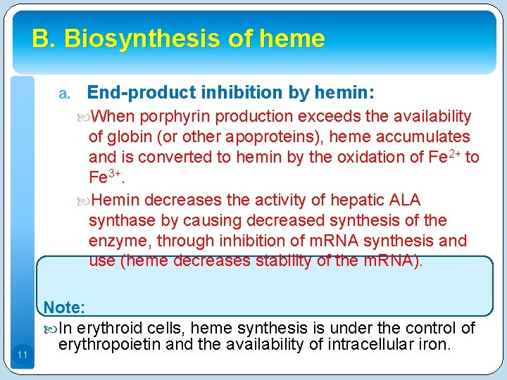 B. Biosynthesis of heme a. End-product inhibition by hemin: When porphyrin production exceeds the