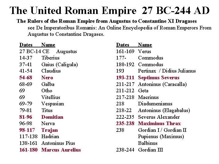 The United Roman Empire 27 BC-244 AD The Rulers of the Roman Empire from