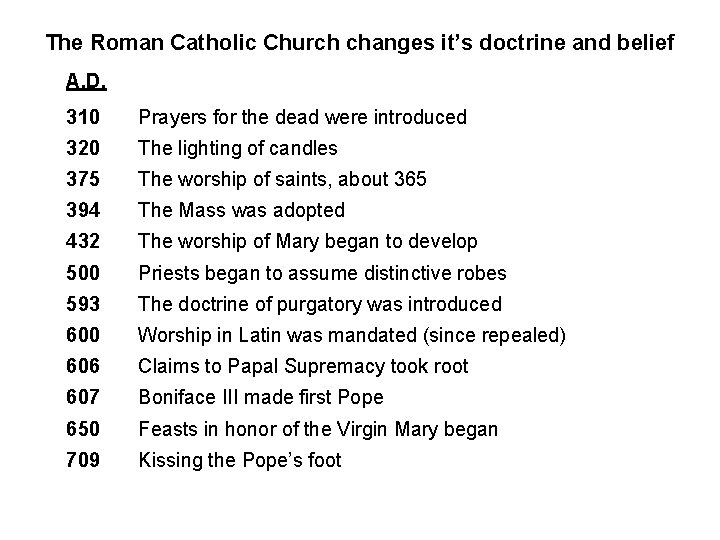 The Roman Catholic Church changes it’s doctrine and belief A. D. 310 Prayers for