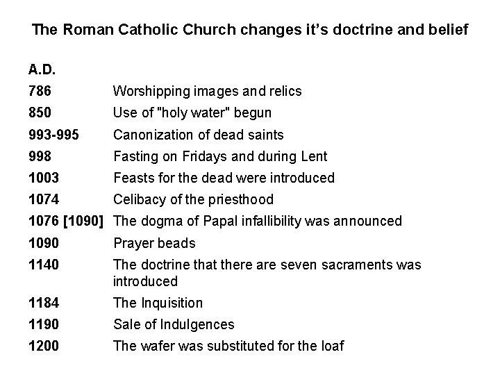 The Roman Catholic Church changes it’s doctrine and belief A. D. 786 Worshipping images