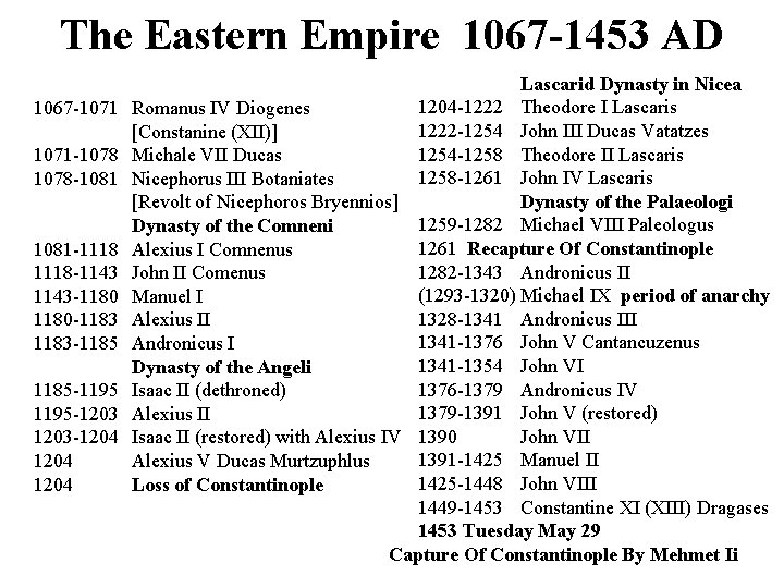The Eastern Empire 1067 -1453 AD 1067 -1071 -1078 -1081 -1118 -1143 -1180 -1183