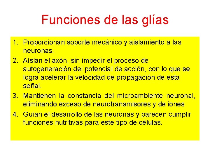 Funciones de las glías 1. Proporcionan soporte mecánico y aislamiento a las neuronas. 2.