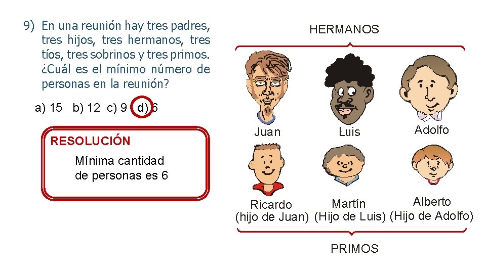 9) En una reunión hay tres padres, tres hijos, tres hermanos, tres tíos, tres