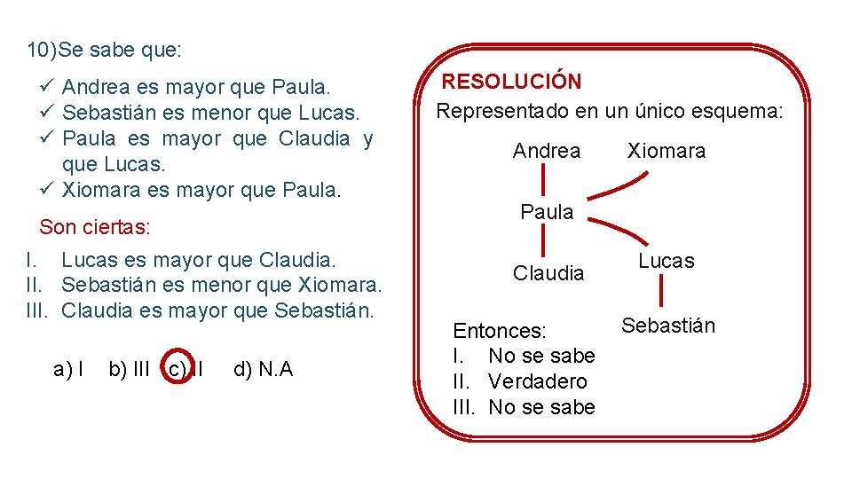 10)Se sabe que: ü Andrea es mayor que Paula. ü Sebastián es menor que