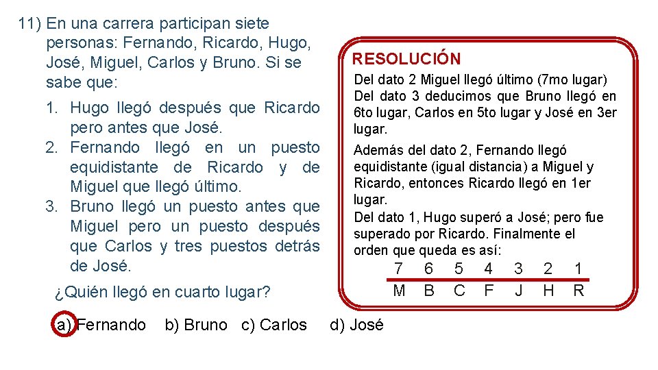 11) En una carrera participan siete personas: Fernando, Ricardo, Hugo, José, Miguel, Carlos y