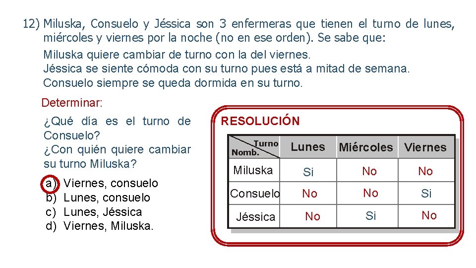 12) Miluska, Consuelo y Jéssica son 3 enfermeras que tienen el turno de lunes,
