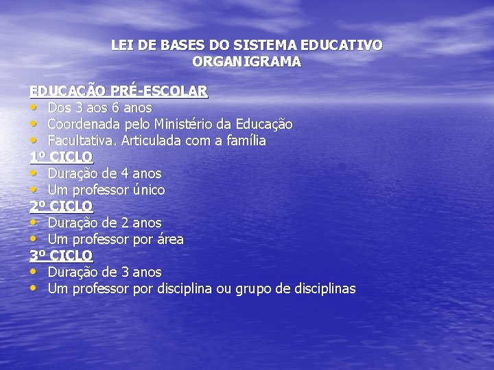 LEI DE BASES DO SISTEMA EDUCATIVO ORGANIGRAMA EDUCAÇÃO PRÉ-ESCOLAR • Dos 3 aos 6