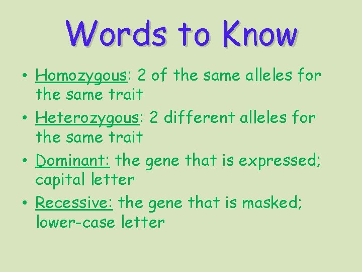 Words to Know • Homozygous: 2 of the same alleles for the same trait
