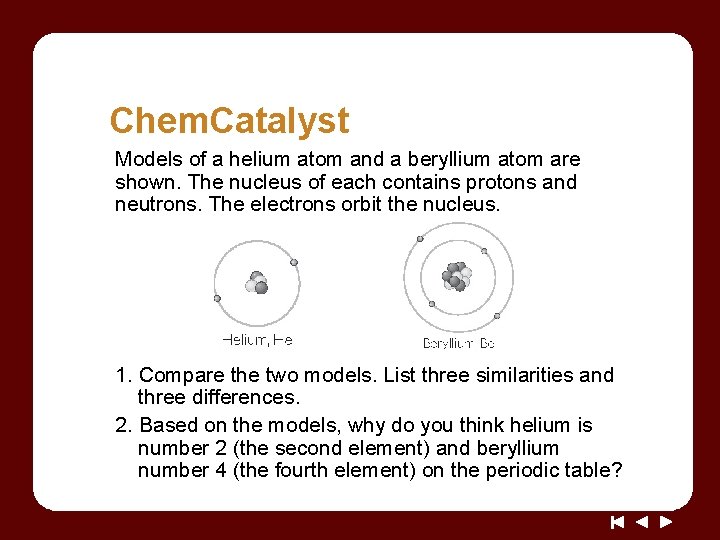 Chem. Catalyst Models of a helium atom and a beryllium atom are shown. The