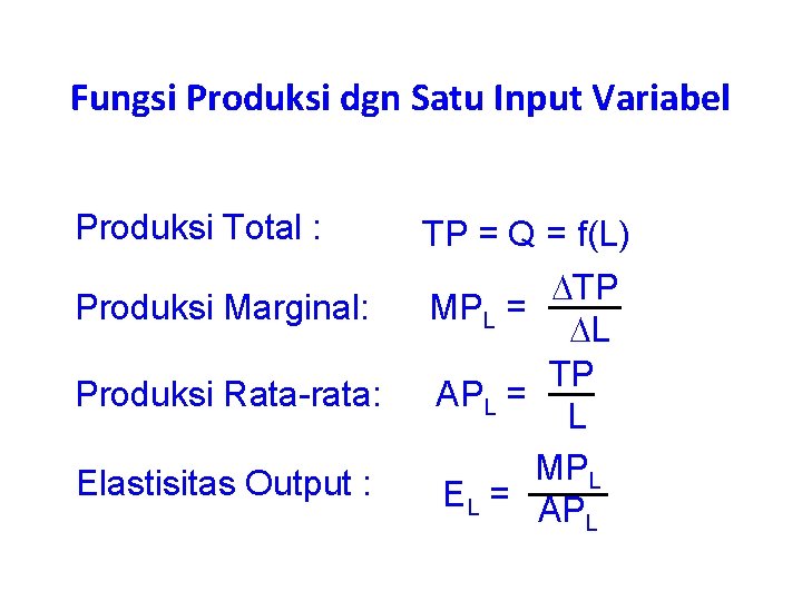 Fungsi Produksi dgn Satu Input Variabel Produksi Total : Produksi Marginal: Produksi Rata-rata: Elastisitas
