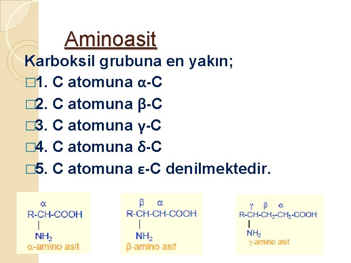 Aminoasit Karboksil grubuna en yakın; � 1. C atomuna α-C � 2. C atomuna