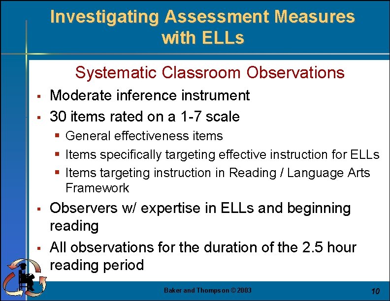 Investigating Assessment Measures with ELLs Systematic Classroom Observations § § Moderate inference instrument 30