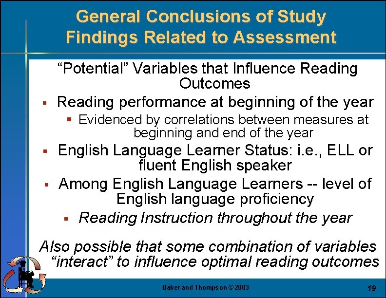 General Conclusions of Study Findings Related to Assessment § “Potential” Variables that Influence Reading