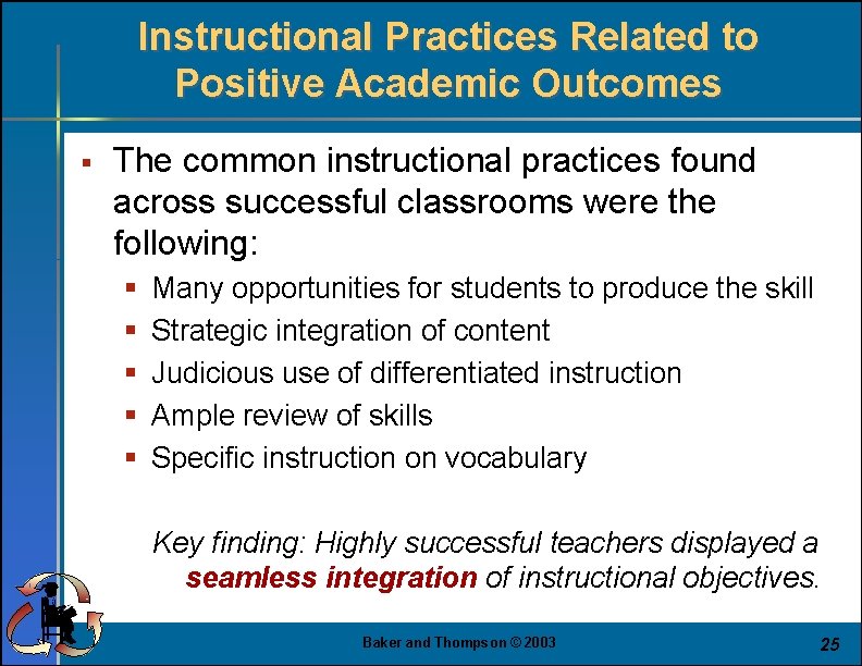 Instructional Practices Related to Positive Academic Outcomes § The common instructional practices found across