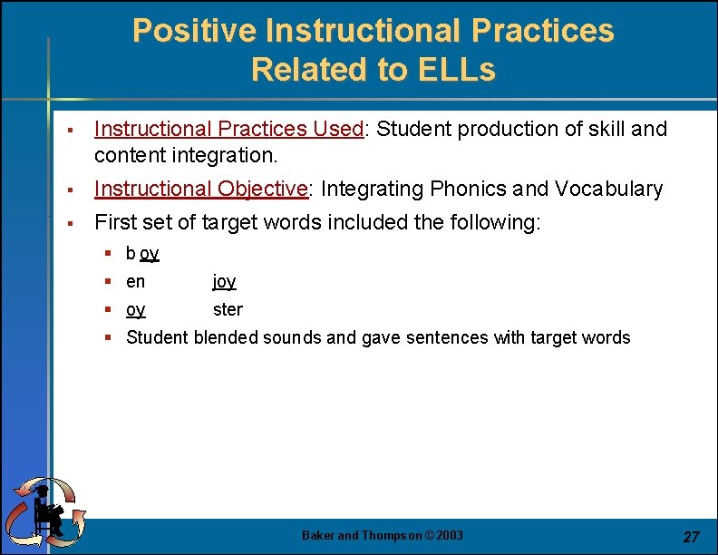 Positive Instructional Practices Related to ELLs § Instructional Practices Used: Student production of skill