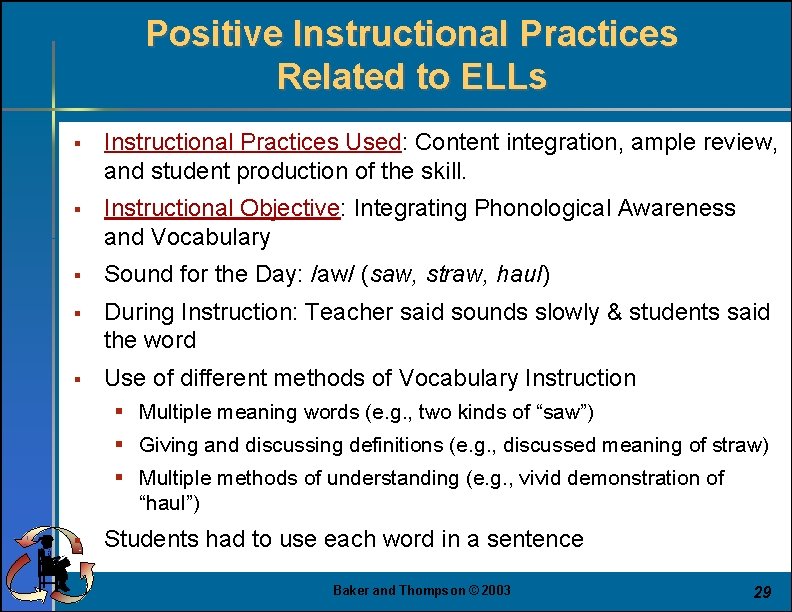 Positive Instructional Practices Related to ELLs § Instructional Practices Used: Content integration, ample review,