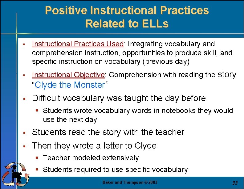 Positive Instructional Practices Related to ELLs § § Instructional Practices Used: Integrating vocabulary and