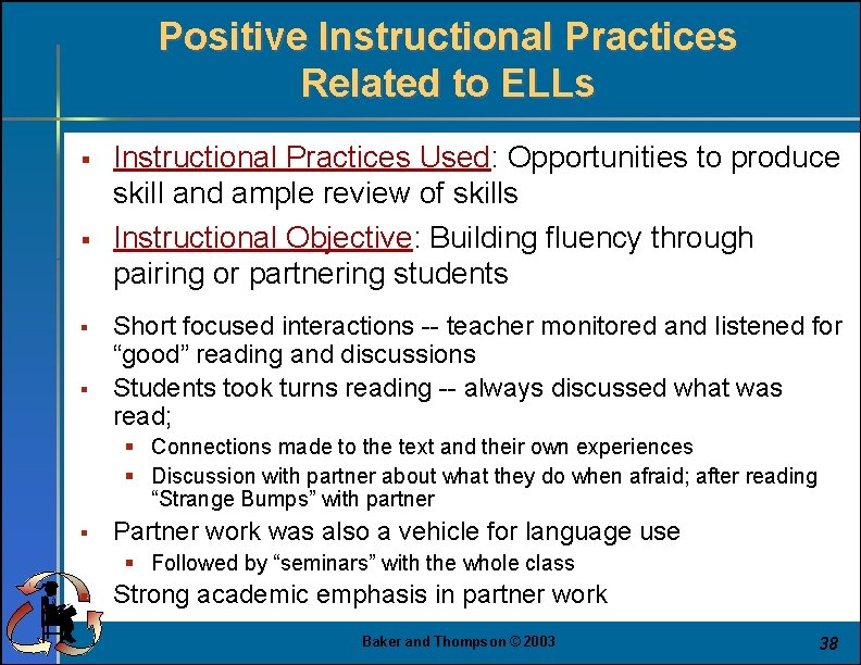 Positive Instructional Practices Related to ELLs § § Instructional Practices Used: Opportunities to produce