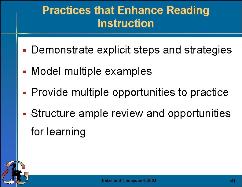 Practices that Enhance Reading Instruction § Demonstrate explicit steps and strategies § Model multiple