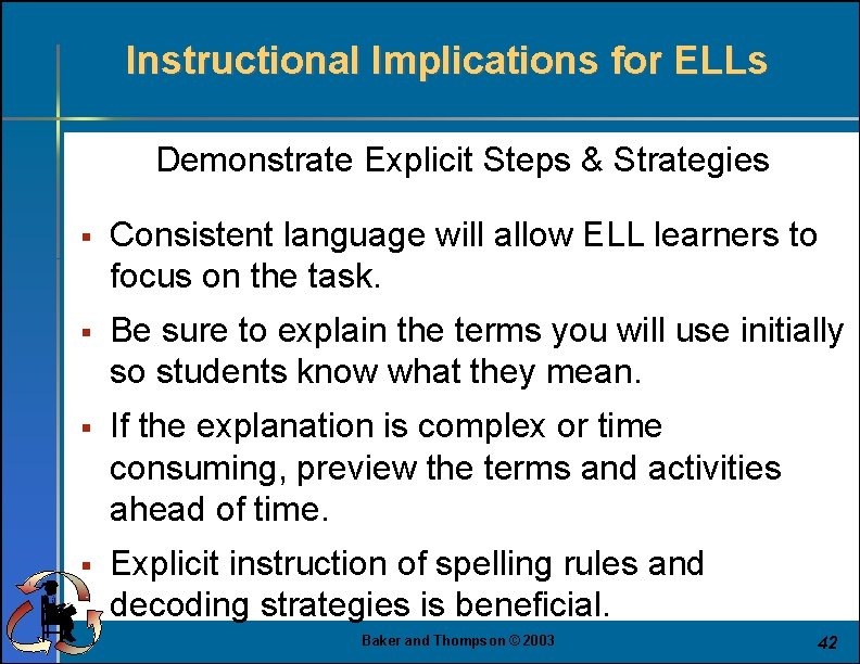 Instructional Implications for ELLs Demonstrate Explicit Steps & Strategies § Consistent language will allow