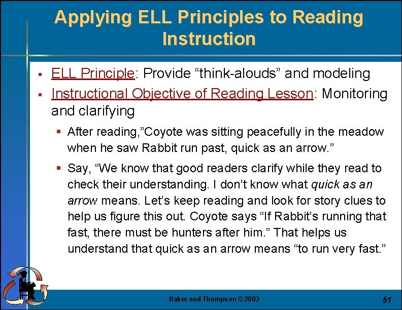 Applying ELL Principles to Reading Instruction § § ELL Principle: Provide “think-alouds” and modeling