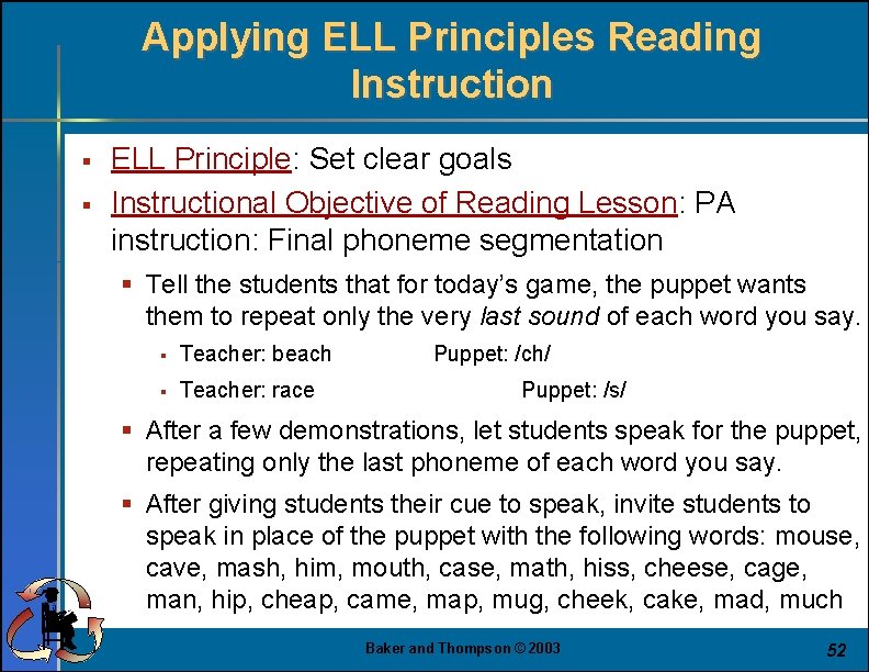 Applying ELL Principles Reading Instruction § § ELL Principle: Set clear goals Instructional Objective