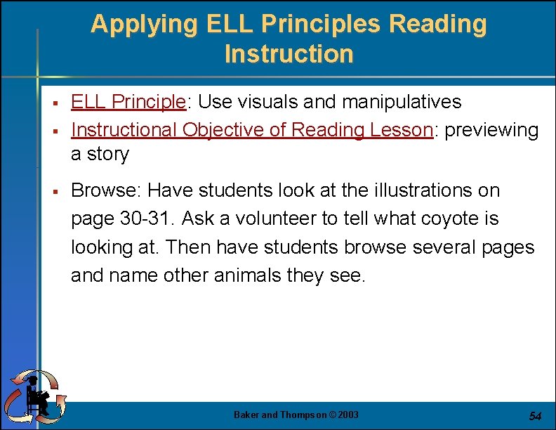 Applying ELL Principles Reading Instruction § § § ELL Principle: Use visuals and manipulatives