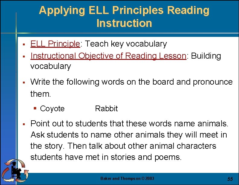 Applying ELL Principles Reading Instruction § § § ELL Principle: Teach key vocabulary Instructional