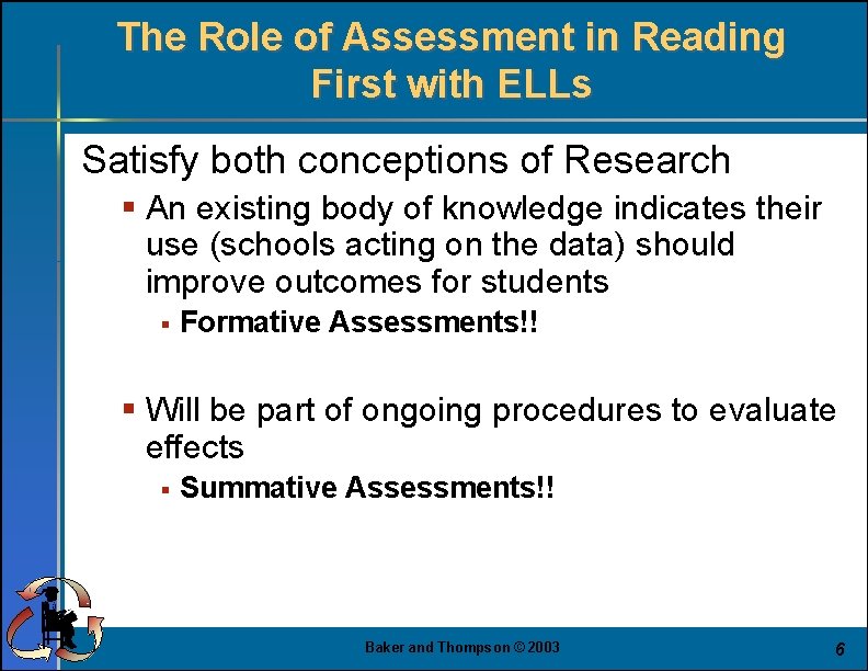 The Role of Assessment in Reading First with ELLs Satisfy both conceptions of Research