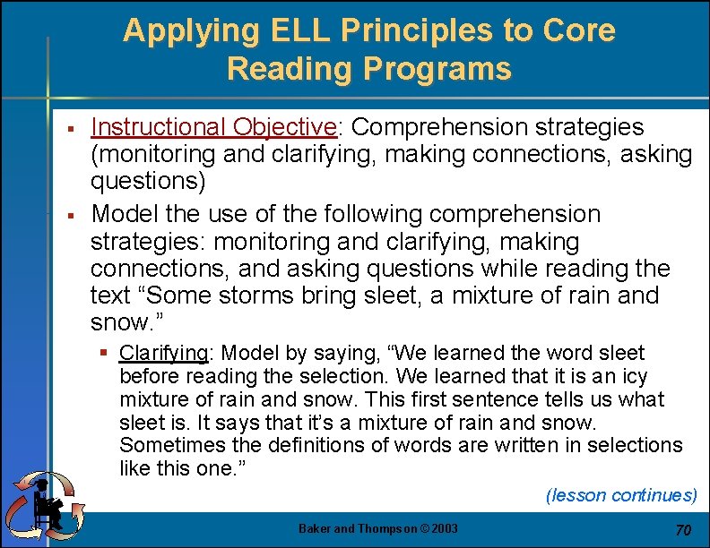 Applying ELL Principles to Core Reading Programs § § Instructional Objective: Comprehension strategies (monitoring