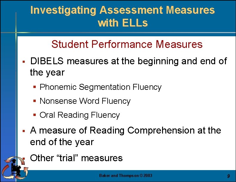 Investigating Assessment Measures with ELLs Student Performance Measures § DIBELS measures at the beginning