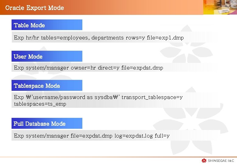 Oracle Export Mode Table Mode Exp hr/hr tables=employees, departments rows=y file=exp 1. dmp User