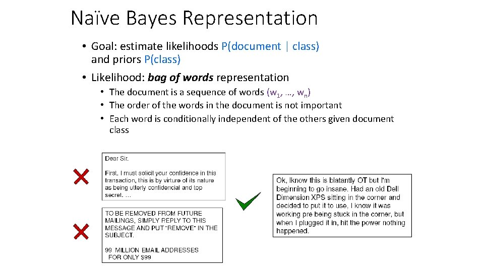 Naïve Bayes Representation • Goal: estimate likelihoods P(document | class) and priors P(class) •