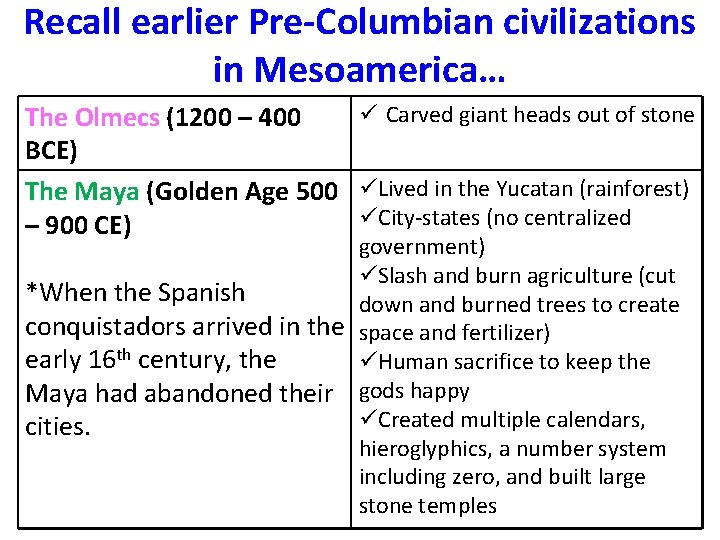 Recall earlier Pre-Columbian civilizations in Mesoamerica… ü Carved giant heads out of stone The