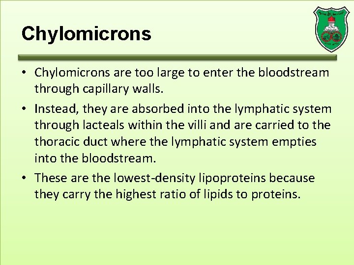 Chylomicrons • Chylomicrons are too large to enter the bloodstream through capillary walls. •