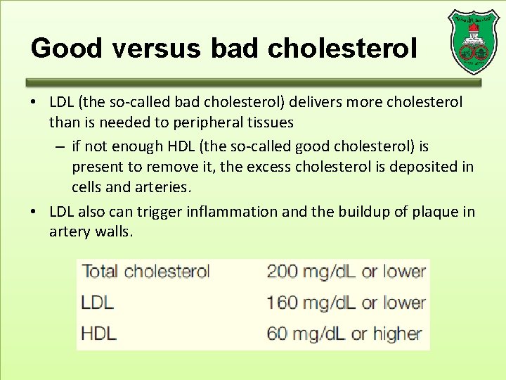 Good versus bad cholesterol • LDL (the so-called bad cholesterol) delivers more cholesterol than