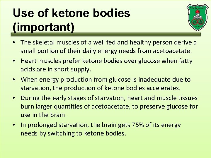 Use of ketone bodies (important) • The skeletal muscles of a well fed and