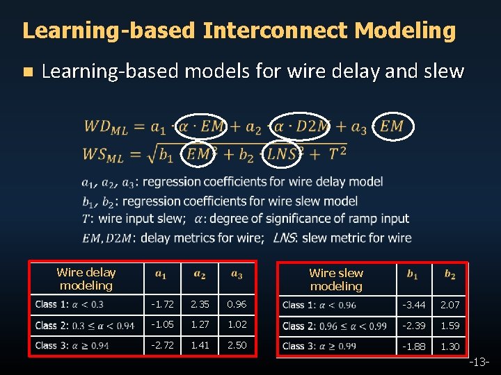 Learning-based Interconnect Modeling n Learning-based models for wire delay and slew Wire delay modeling