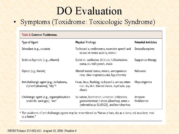 DO Evaluation • Symptoms (Toxidrome: Toxicologic Syndrome) NEJM Volume 355: 602 -611 August 10,