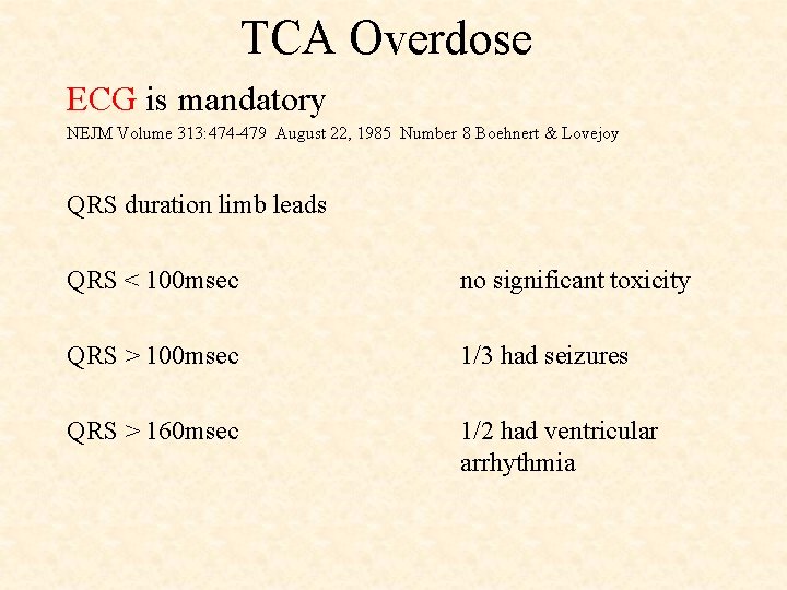 TCA Overdose ECG is mandatory NEJM Volume 313: 474 -479 August 22, 1985 Number