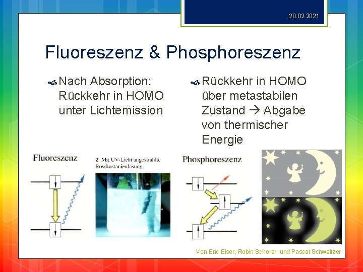 20. 02. 2021 Fluoreszenz & Phosphoreszenz Nach Absorption: Rückkehr in HOMO unter Lichtemission Rückkehr